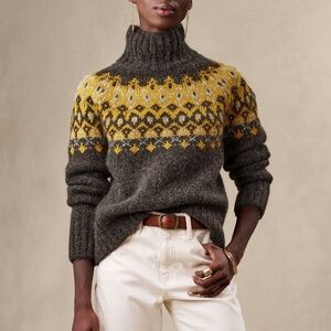 Banana Republic Rhea Fair Isle Sweater Earth Brown Mock Neck Alpaca Chunky-S